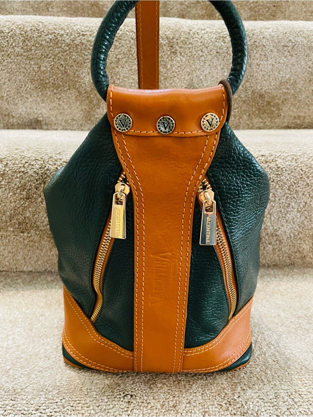 Stunning pebbled leather Valentina Forest green/tan convertible bag